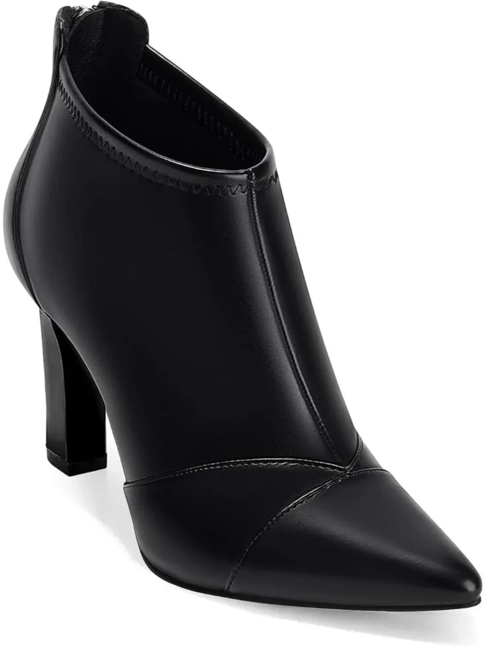 Women's Black Leather Pointed Toe Stiletto Heel Splicing Back Zipper Ankle Boots